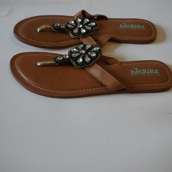 NWOT Guadalupe Brown Leather Bead/Stone Thong Sandals Sz 37/US 7* - Picture 3 of 5
